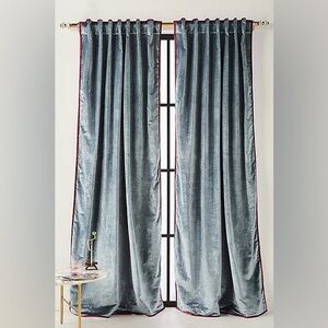 Anthropologie Blue Velvet Curtains with burgandy trim Two Panels